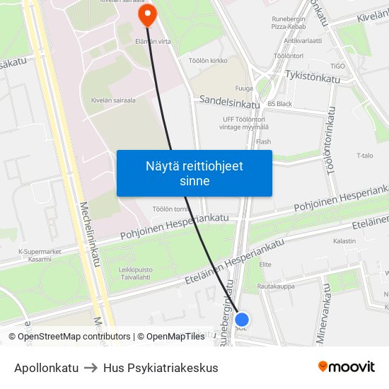 Apollonkatu to Hus Psykiatriakeskus map