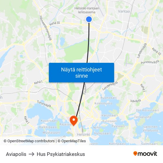 Aviapolis to Hus Psykiatriakeskus map