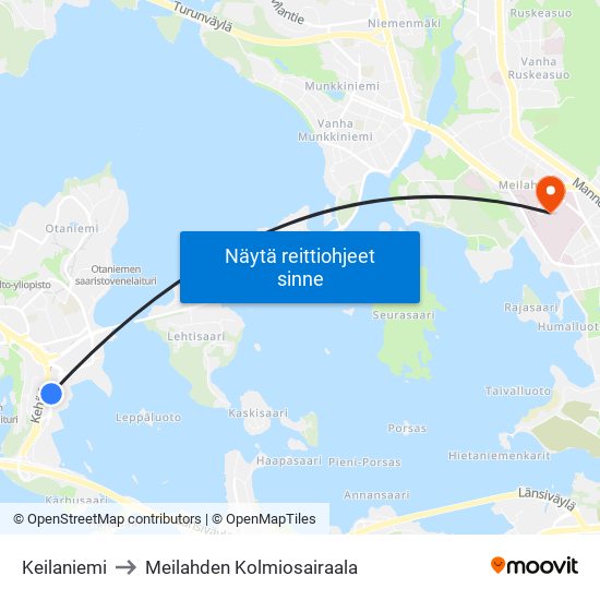 Keilaniemi to Meilahden Kolmiosairaala map