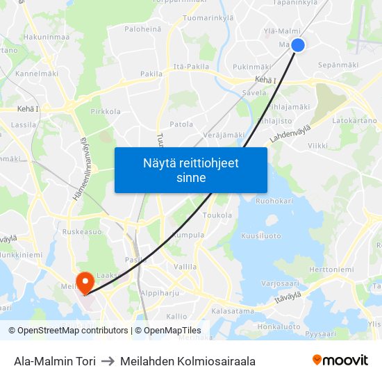 Ala-Malmin Tori to Meilahden Kolmiosairaala map