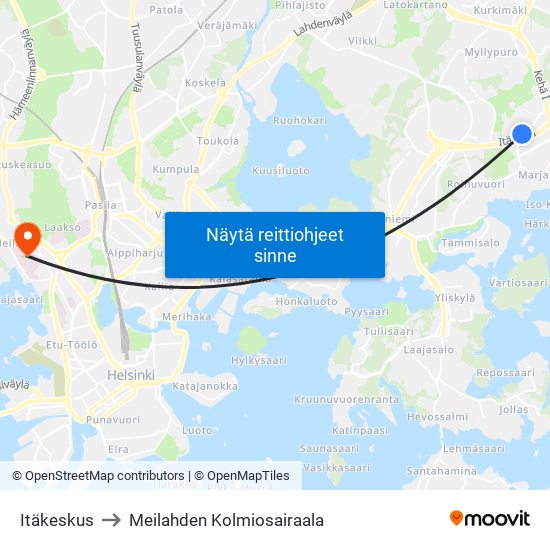 Itäkeskus to Meilahden Kolmiosairaala map