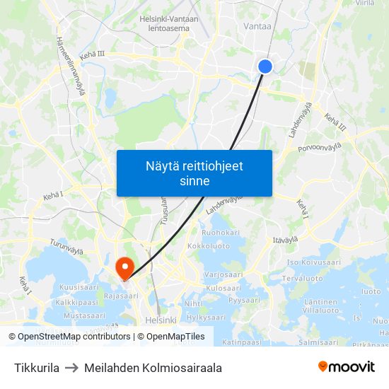 Tikkurila to Meilahden Kolmiosairaala map