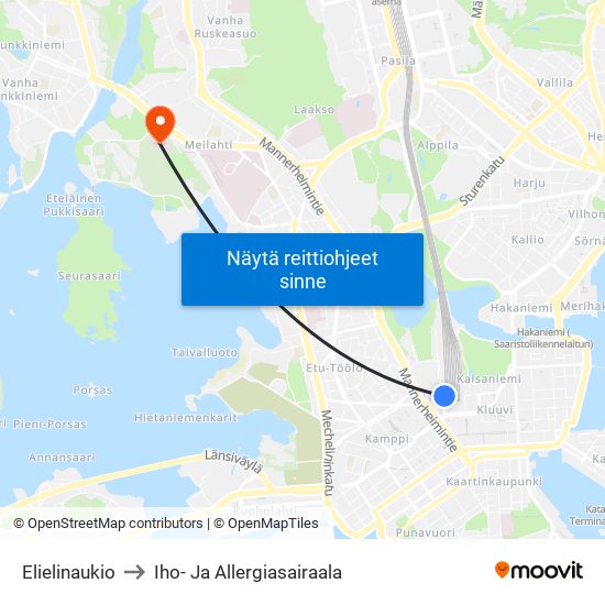 Elielinaukio to Iho- Ja Allergiasairaala map