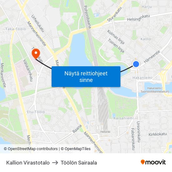 Kallion Virastotalo to Töölön Sairaala map