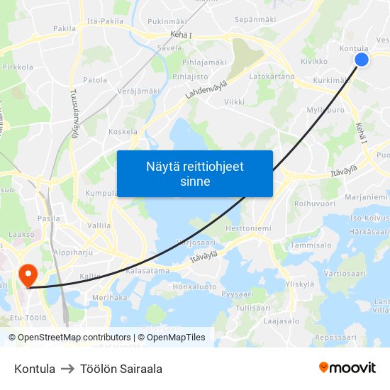 Kontula to Töölön Sairaala map