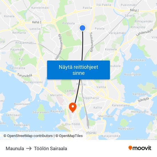 Maunula to Töölön Sairaala map
