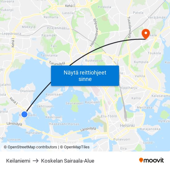 Keilaniemi to Koskelan Sairaala-Alue map