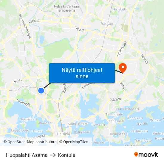 Huopalahti Asema to Kontula map