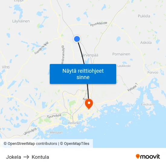 Jokela to Kontula map