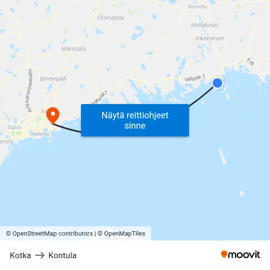Kotka to Kontula map