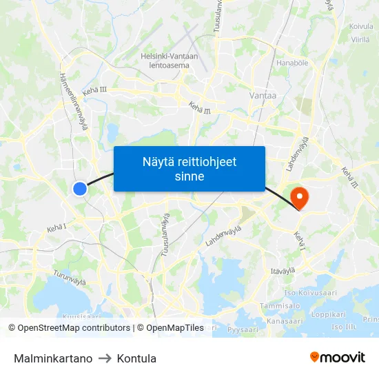 Malminkartano to Kontula map
