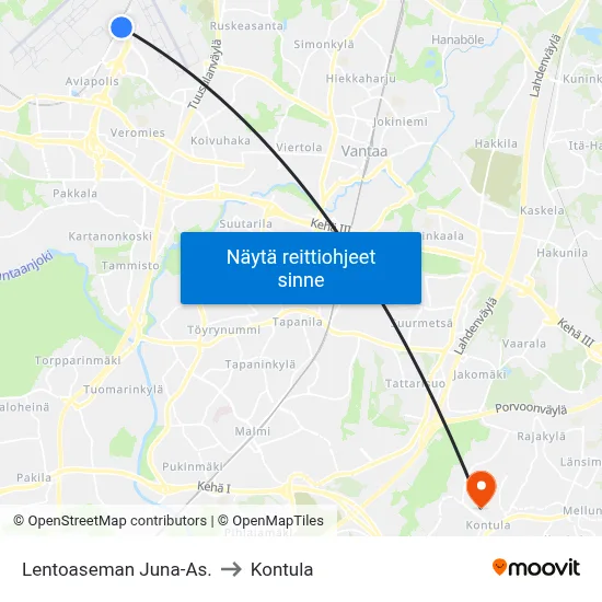 Lentoaseman Juna-As. to Kontula map