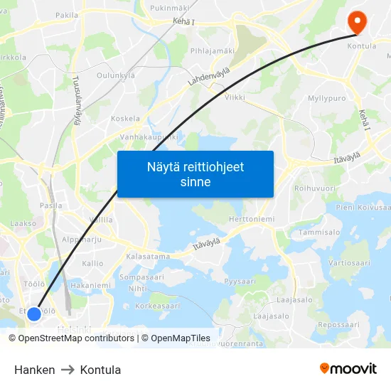 Hanken to Kontula map