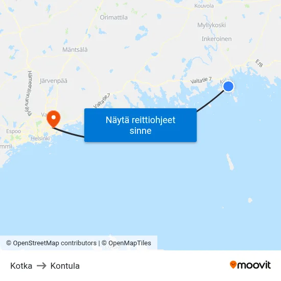 Kotka to Kontula map