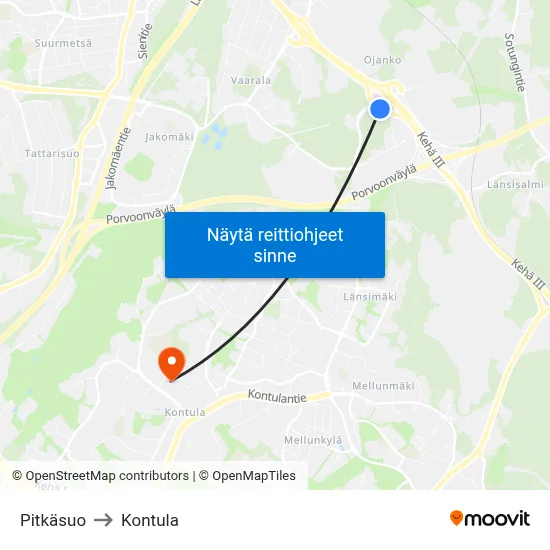 Pitkäsuo to Kontula map