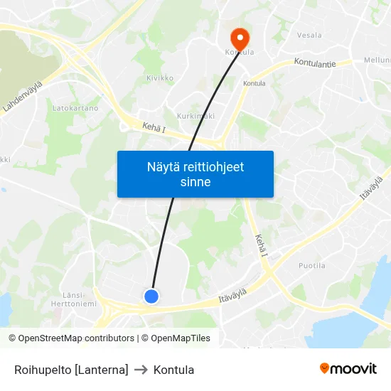 Roihupelto [Lanterna] to Kontula map