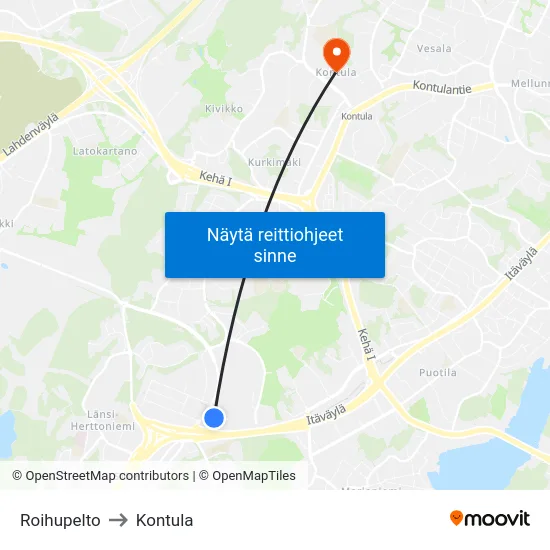 Roihupelto [Lanterna] to Kontula map