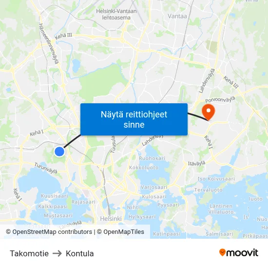 Takomotie to Kontula map