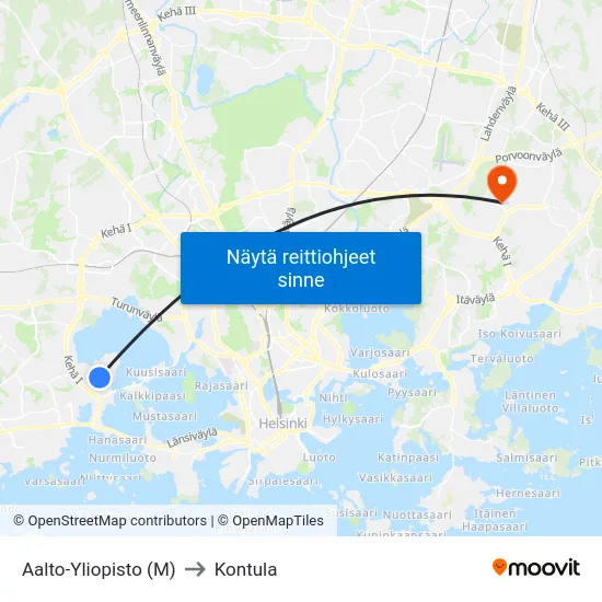 Aalto-Yliopisto (M) to Kontula map