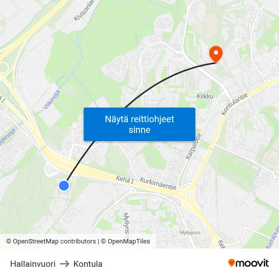 Hallainvuori to Kontula map
