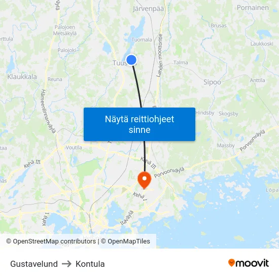 Gustavelund to Kontula map