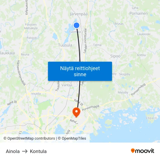 Ainola to Kontula map