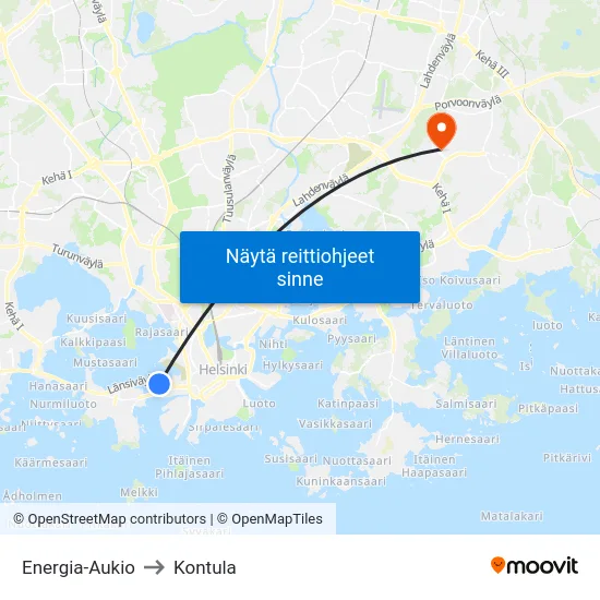 Energia-Aukio to Kontula map