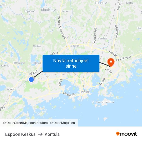 Espoon Keskus to Kontula map