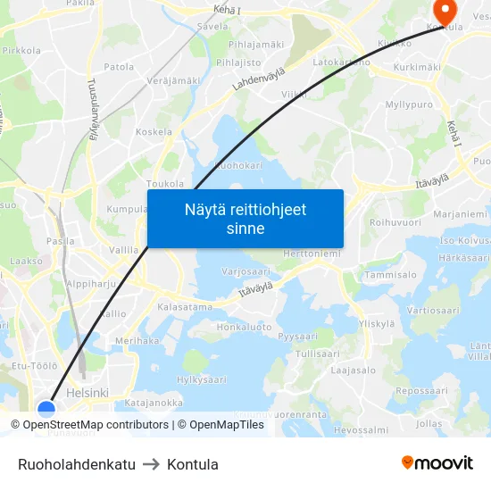 Ruoholahdenkatu to Kontula map