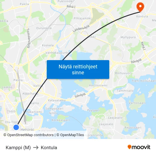 Kamppi (M) to Kontula map