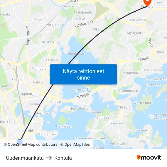 Uudenmaankatu to Kontula map
