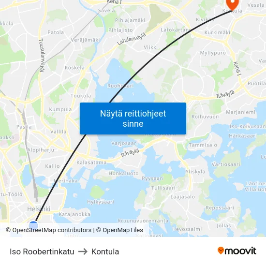 Iso Roobertinkatu to Kontula map