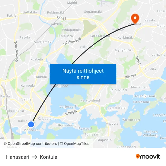 Hanasaari to Kontula map
