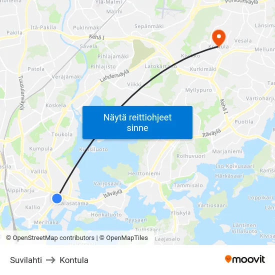 Suvilahti to Kontula map