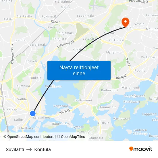 Suvilahti to Kontula map