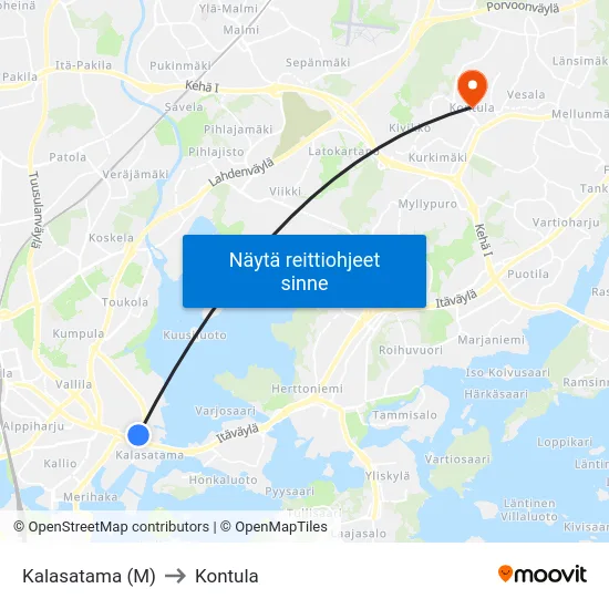 Kalasatama (M) to Kontula map