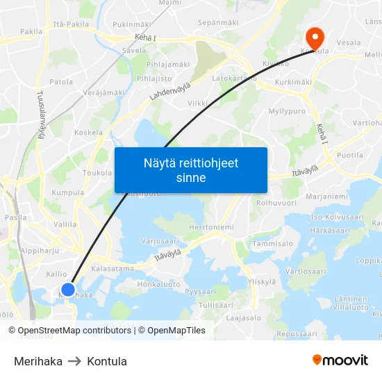 Merihaka to Kontula map