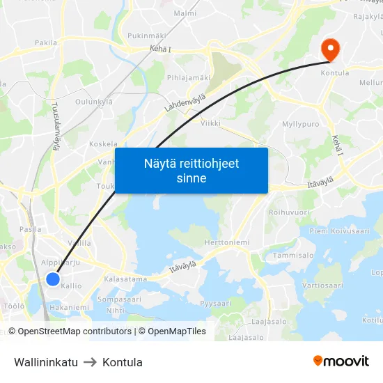 Wallininkatu to Kontula map