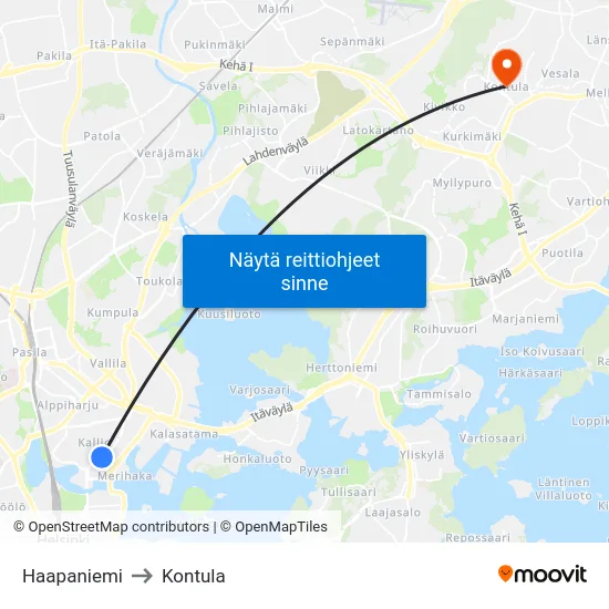 Haapaniemi to Kontula map