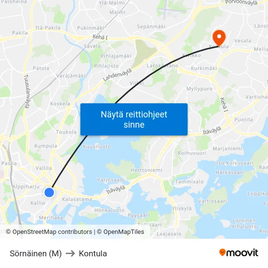 Sörnäinen (M) to Kontula map