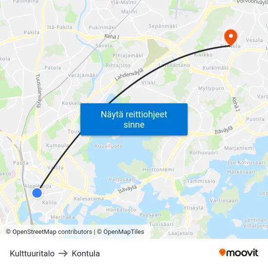 Kulttuuritalo to Kontula map
