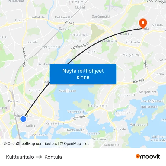 Kulttuuritalo to Kontula map