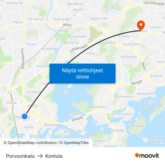Porvoonkatu to Kontula map