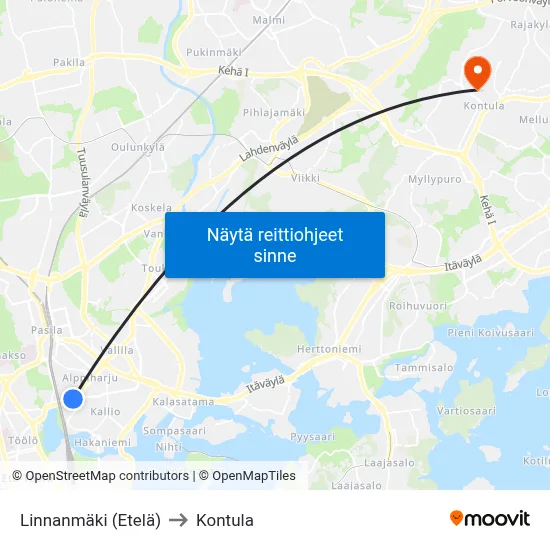 Linnanmäki (Etelä) to Kontula map