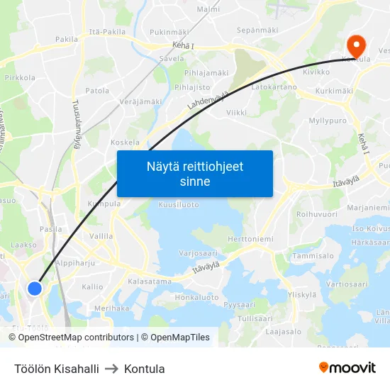 Töölön Kisahalli to Kontula map