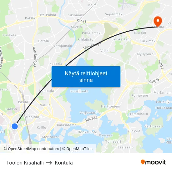 Töölön Kisahalli to Kontula map