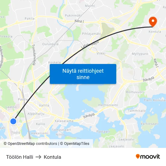 Töölön Halli to Kontula map