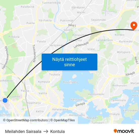 Meilahden Sairaala to Kontula map