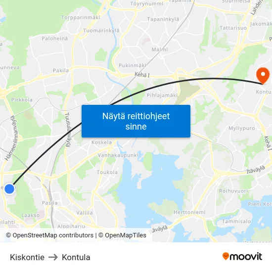 Kiskontie to Kontula map