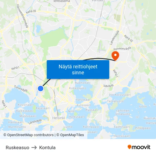 Ruskeasuo to Kontula map